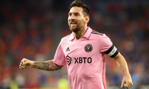 Lionel Messi celebrates for Inter Miami in a US Open Cup match with Cincinnati, 2023