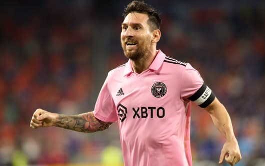 Lionel Messi celebrates for Inter Miami in a US Open Cup match with Cincinnati, 2023
