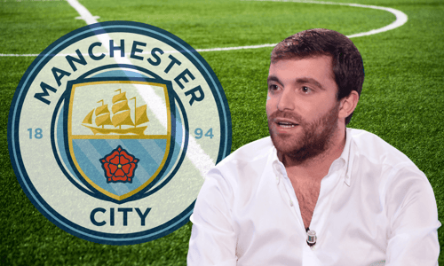 Fabrizio Romano next to the Manchester City badge