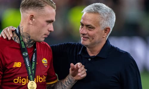 Jose Mourinho celebrates winning the Conference League with Roma