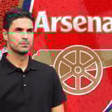 Mikel Arteta and the Arsenal badge in front of a red and white checked background