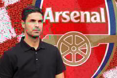 Mikel Arteta and the Arsenal badge in front of a red and white checked background