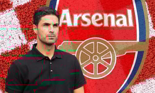 Mikel Arteta and the Arsenal badge in front of a red and white checked background