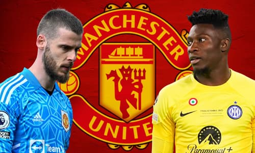 David de Gea and Andre Onana with the Manchester United badge, on a red abstract background