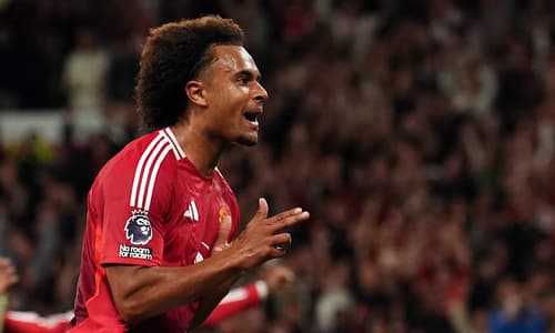Man Utd's Joshua Zirkzee celebrates scoring against Fulham in the Premier League