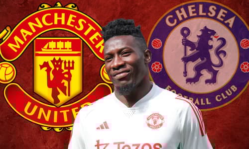 Andre Onana, the Manchester United and Chelsea badges on a red abstract background