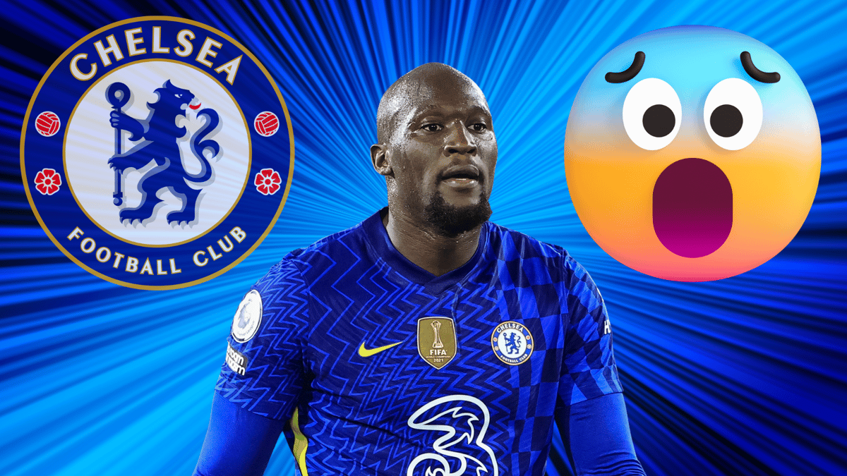 Romelu Lukaku in between the Chelsea badge and a shocked face emoji, set against a blue abstract background
