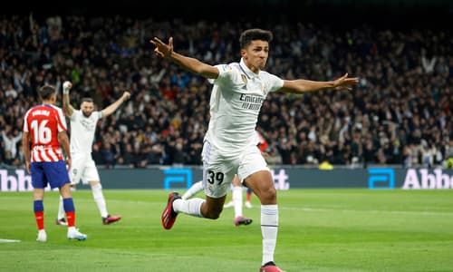 Alvaro Rodriguez scoring for Real Madrid against Atletico
