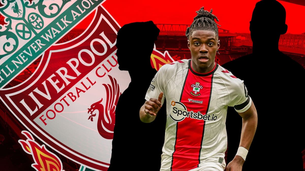 A silhouette of Romeo Lavia, Kalvin Phillips, and Ryan Gravenberch, and the Liverpool badge, set against a backdrop of a panorama of Anfield in red
