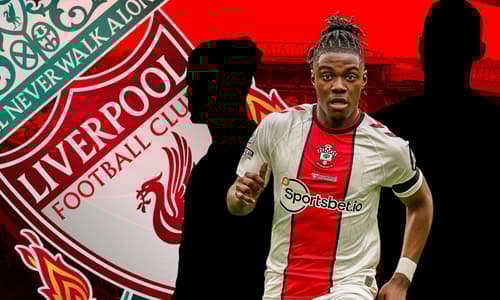 A silhouette of Romeo Lavia, Kalvin Phillips, and Ryan Gravenberch, and the Liverpool badge, set against a backdrop of a panorama of Anfield in red