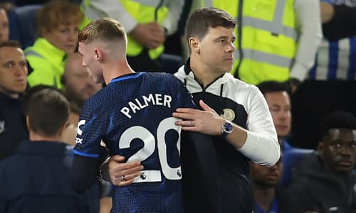 Cole Palmer hugged by Mauricio Pochettino as he is replaced during Brighton vs Chelsea, 2023/24