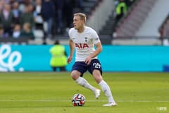 Tottenham Hotspur midfielder Oliver Skipp on the ball in a Premier League match against West Ham United at London Stadium in 2021.