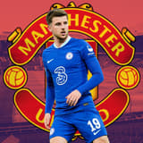 Mason Mount of Chelsea over the Manchester United badge, set against a backdrop of a panorama of Old Trafford in red