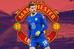 Mason Mount of Chelsea over the Manchester United badge, set against a backdrop of a panorama of Old Trafford in red