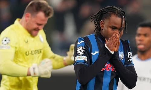 Ademola Lookman reacts to his penalty miss for Atalanta against Club Brugge in the 2024/25 Champions League