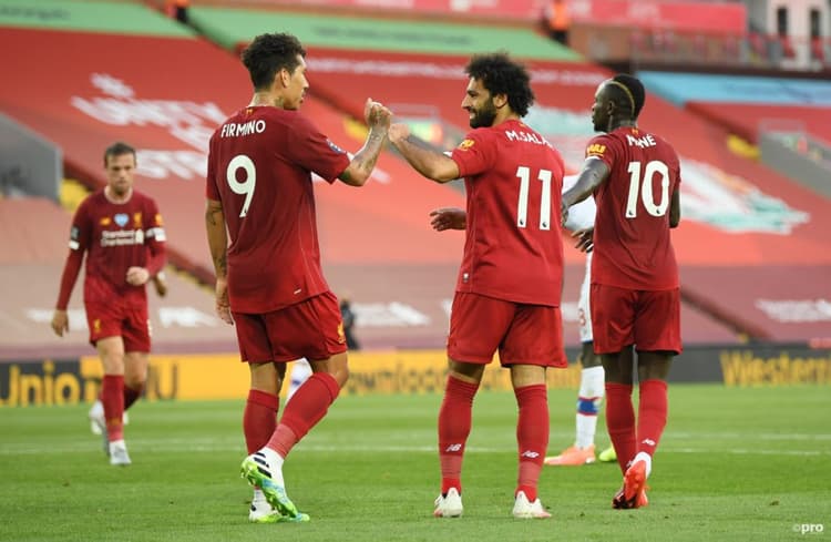 Roberto Firmino, Mohamed Salah and Sadio Mane celebrate