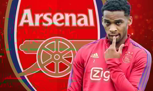 Jurrien Timber and the Arsenal badge in front of an abstract red background