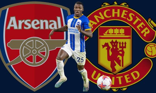Brighton player Moises Caicedo with the Arsenal and Manchester United badges