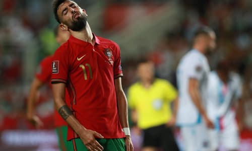 Bruno Fernandes playing for Portgual in a 2022 FIFA World Cup qualifier against Luxembourg at the Algarve Stadium.
