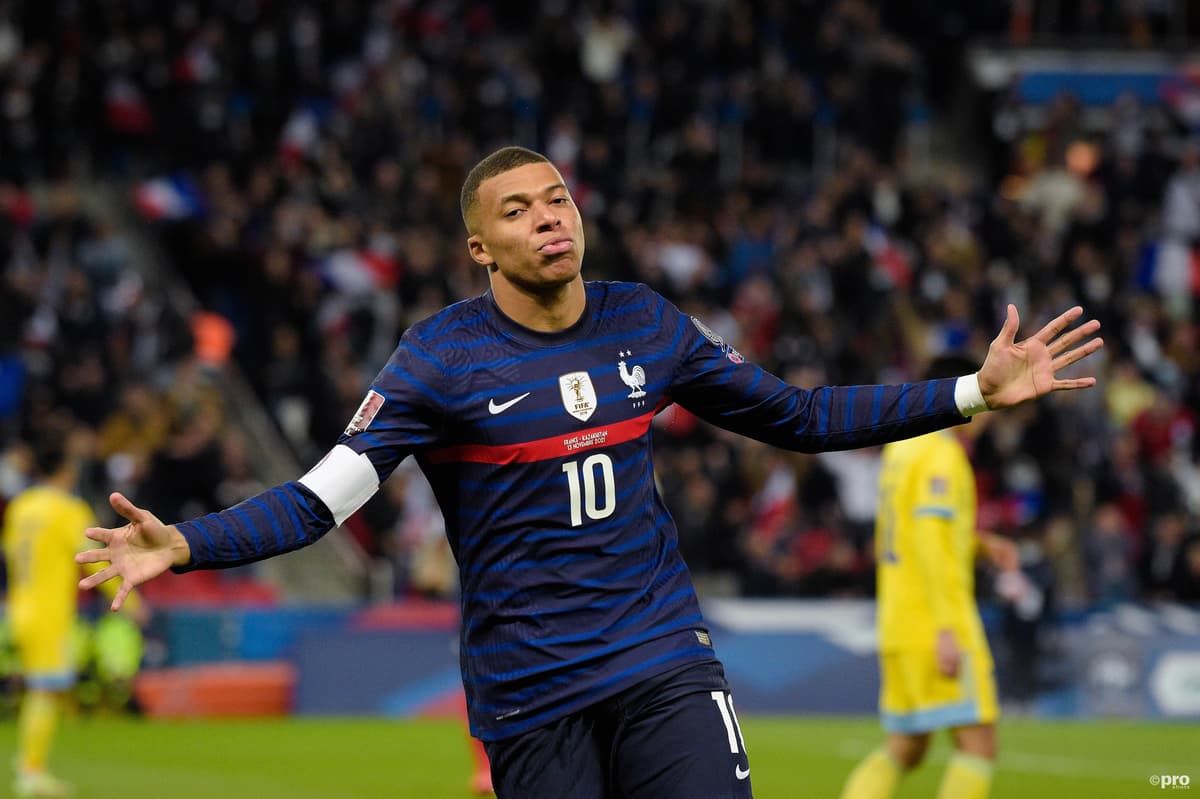 Kylian Mbappe celebrates scoring against Kazakhstan in World Cup 2022 qualifying