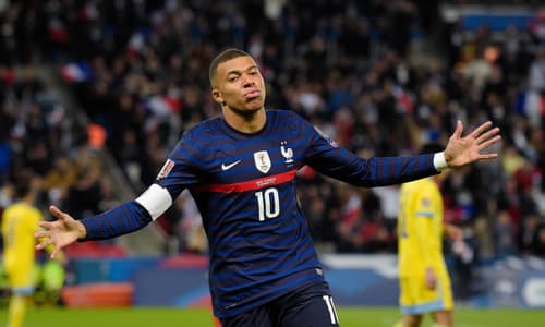 Kylian Mbappe celebrates scoring against Kazakhstan in World Cup 2022 qualifying