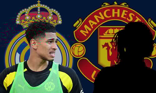 Jude Bellingham and a black silhouette of Eduardo Camavinga, over the Real Madrid and Manchester United badges