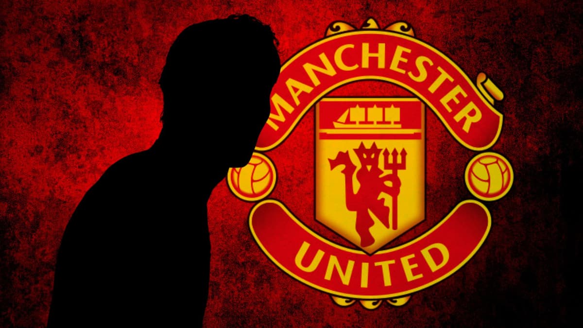 A black silhouette of Rasmus Hojlund of Atalanta with the Manchester United badge, set against a red and black abstract background