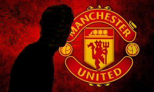 A black silhouette of Rasmus Hojlund of Atalanta with the Manchester United badge, set against a red and black abstract background
