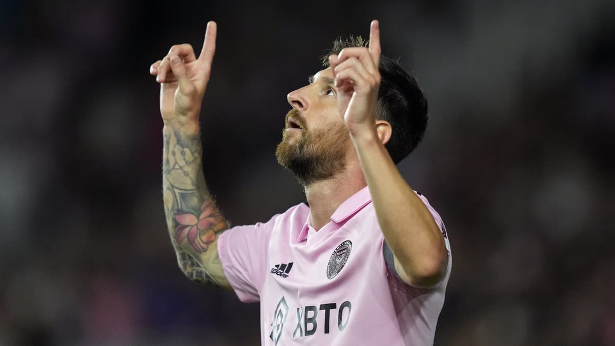 Messi celebrates scoring against Orlando City in the Leagues Cup