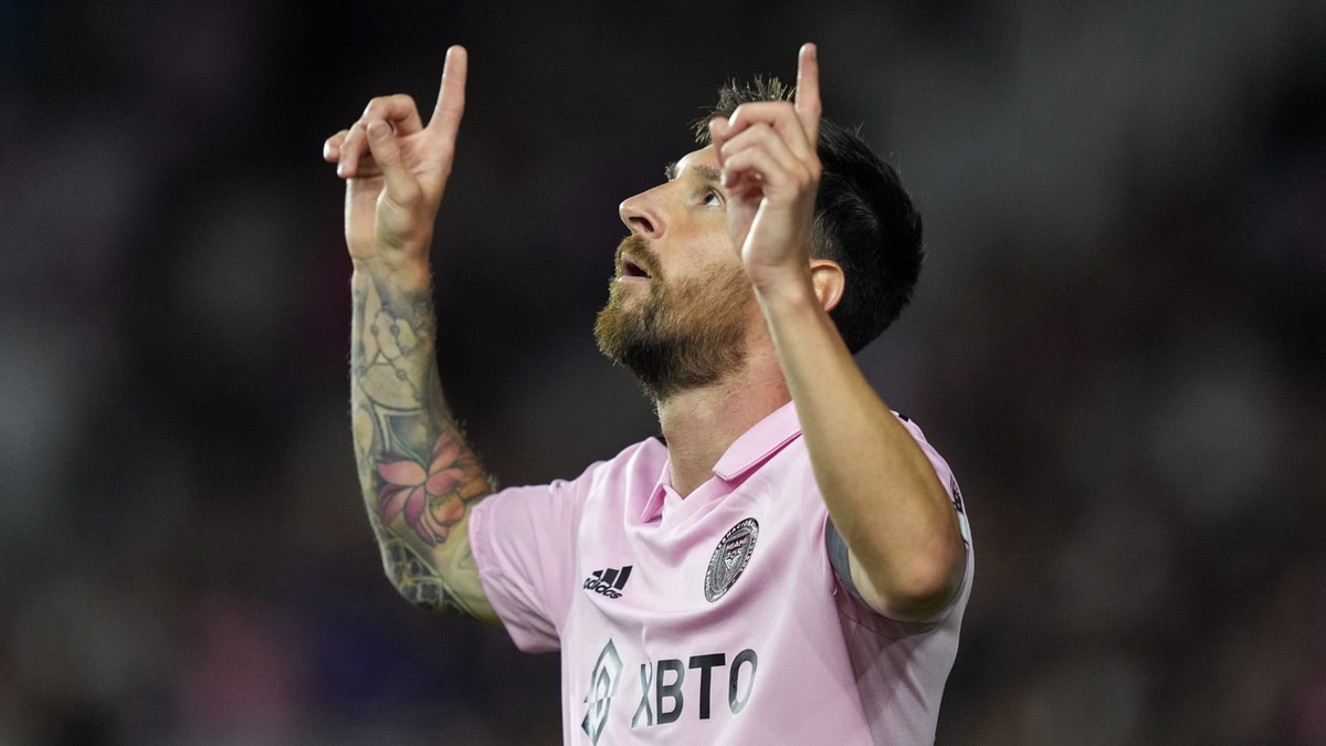 Messi celebrates scoring against Orlando City in the Leagues Cup