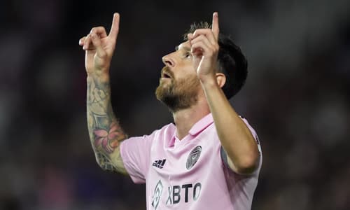 Messi celebrates scoring against Orlando City in the Leagues Cup