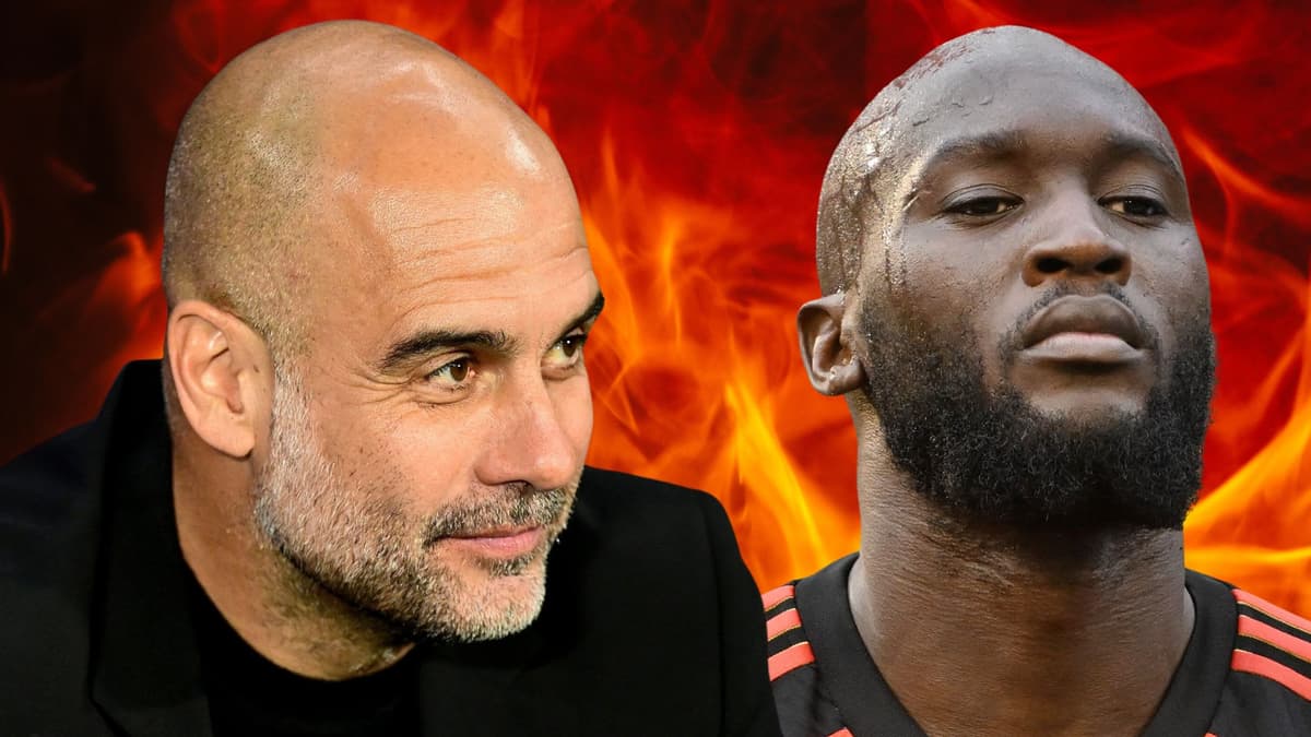 Pep Guardiola and Romelu Lukaku on a background of flames