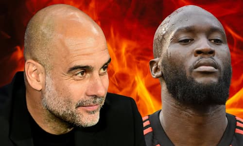 Pep Guardiola and Romelu Lukaku on a background of flames