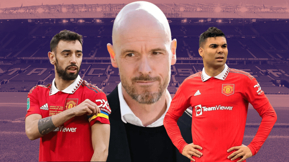 Bruno Fernandes and Casemiro of Manchester United in front of Erik ten Hag