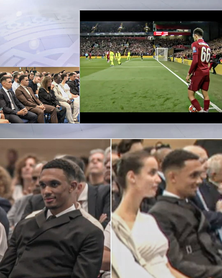 Trent Alexander-Arnold watches his iconic corner against Barcelona during his Real Madrid presentation