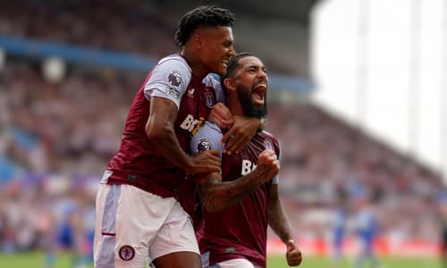 Ollie Watkins, Douglas Luiz celebrate scoring for Aston Villa in the Premier League, 2023/234