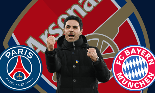 Mikel Arteta in front of the Arsenal, PSG and Bayern Munich bagdes