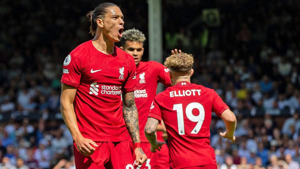 Darwin Nunez celebrates his second goal in two games for Liverpool.