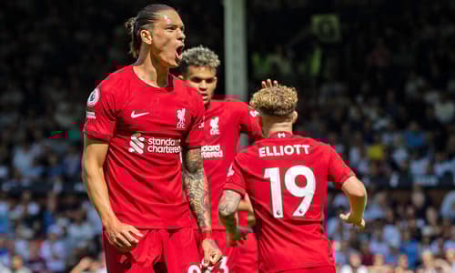 Darwin Nunez celebrates his second goal in two games for Liverpool.