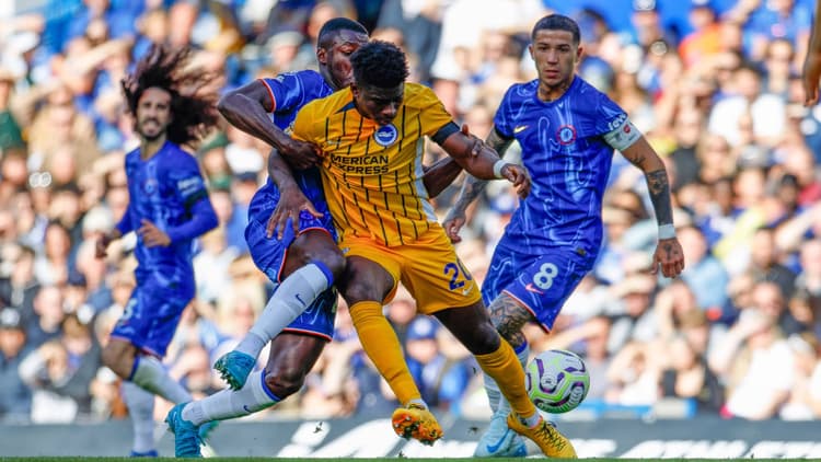 Carlos Baleba in action against Chelsea
