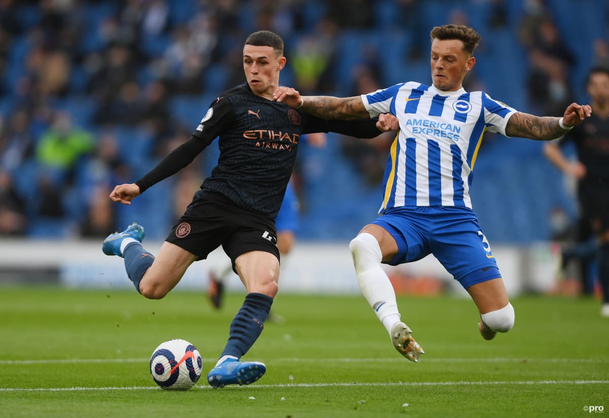 Ben White battles with Phil Foden, Brighton v Man City