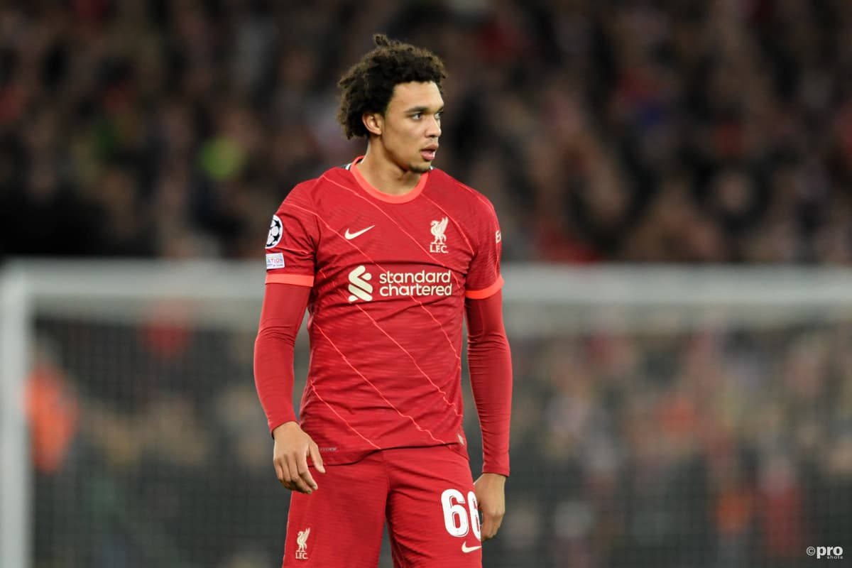 Trent Alexander-Arnold playing for Liverpool in a Champions League game at Anfield against Atletico Madrid.
