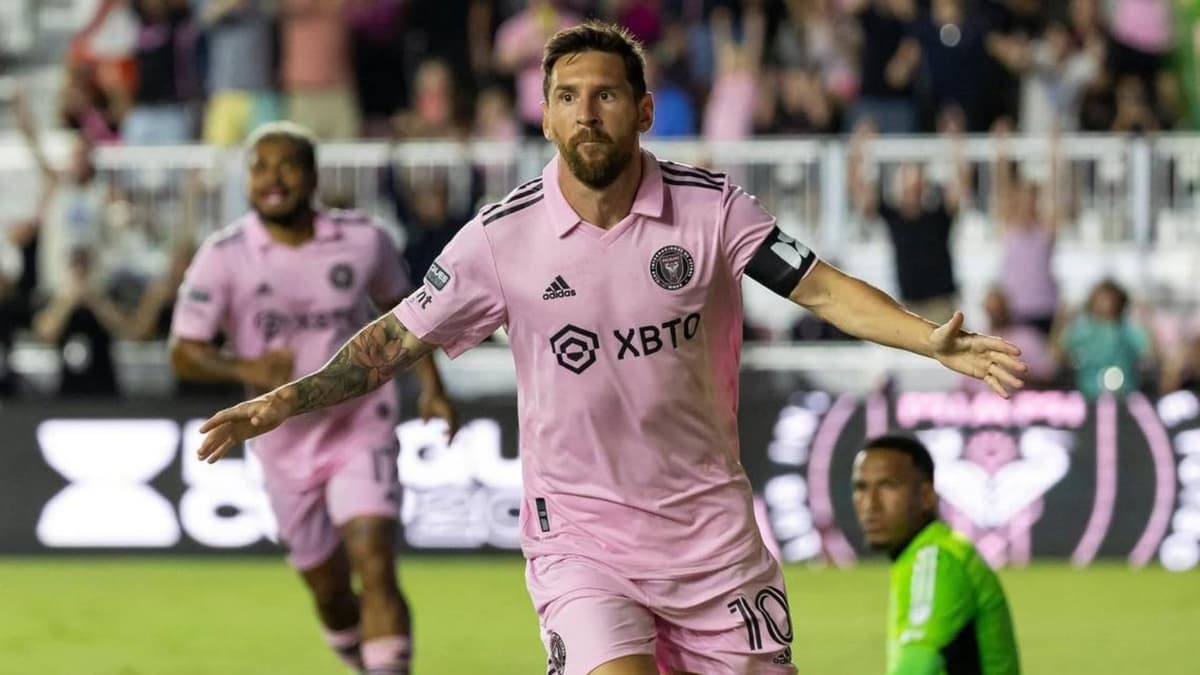 Messi celebrates scoring against Orlando City in the Leagues Cup