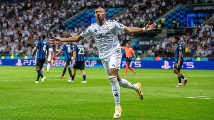 Kylian Mbappe celebrates his first Real Madrid goal