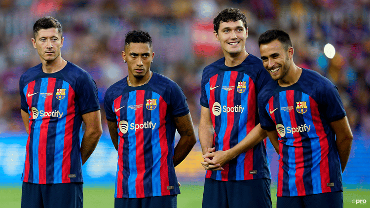 Andreas Christensen with Robert Lewandowski (far left), Raphinha (left centre) and Eric Garcia (right)