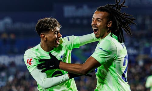 Lamine Yamal and Jules Kounde of Barcelona celebrate scoring against Getafe, 2024/25