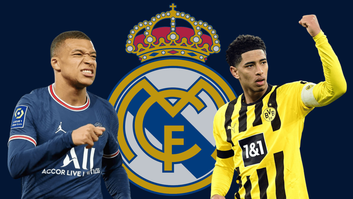 Kylian Mbappe and Jude Bellingham with the Real Madrid badge