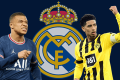 Kylian Mbappe and Jude Bellingham with the Real Madrid badge