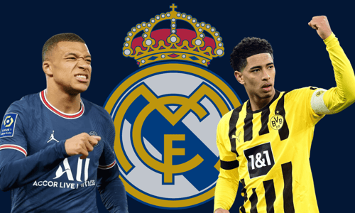 Kylian Mbappe and Jude Bellingham with the Real Madrid badge