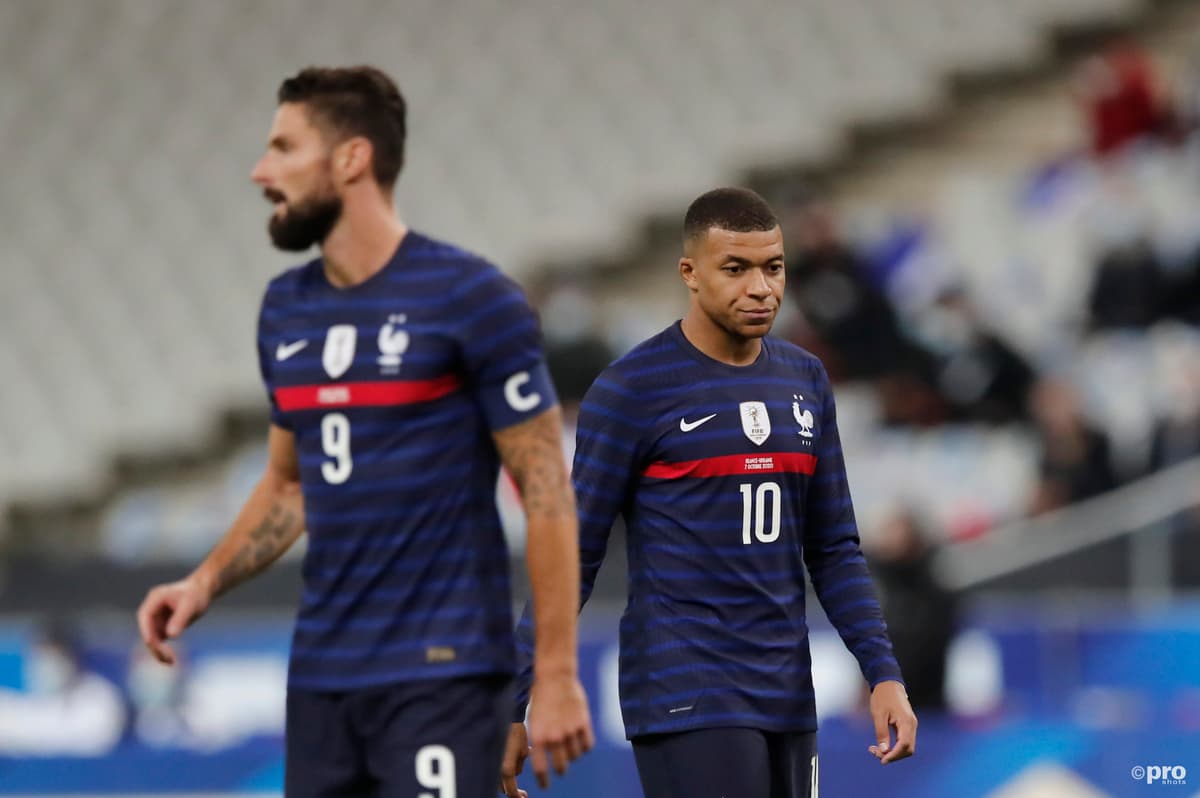 Olivier Giroud and Kylian Mbappe in a Euro 2020 warm-up game, France, 2021